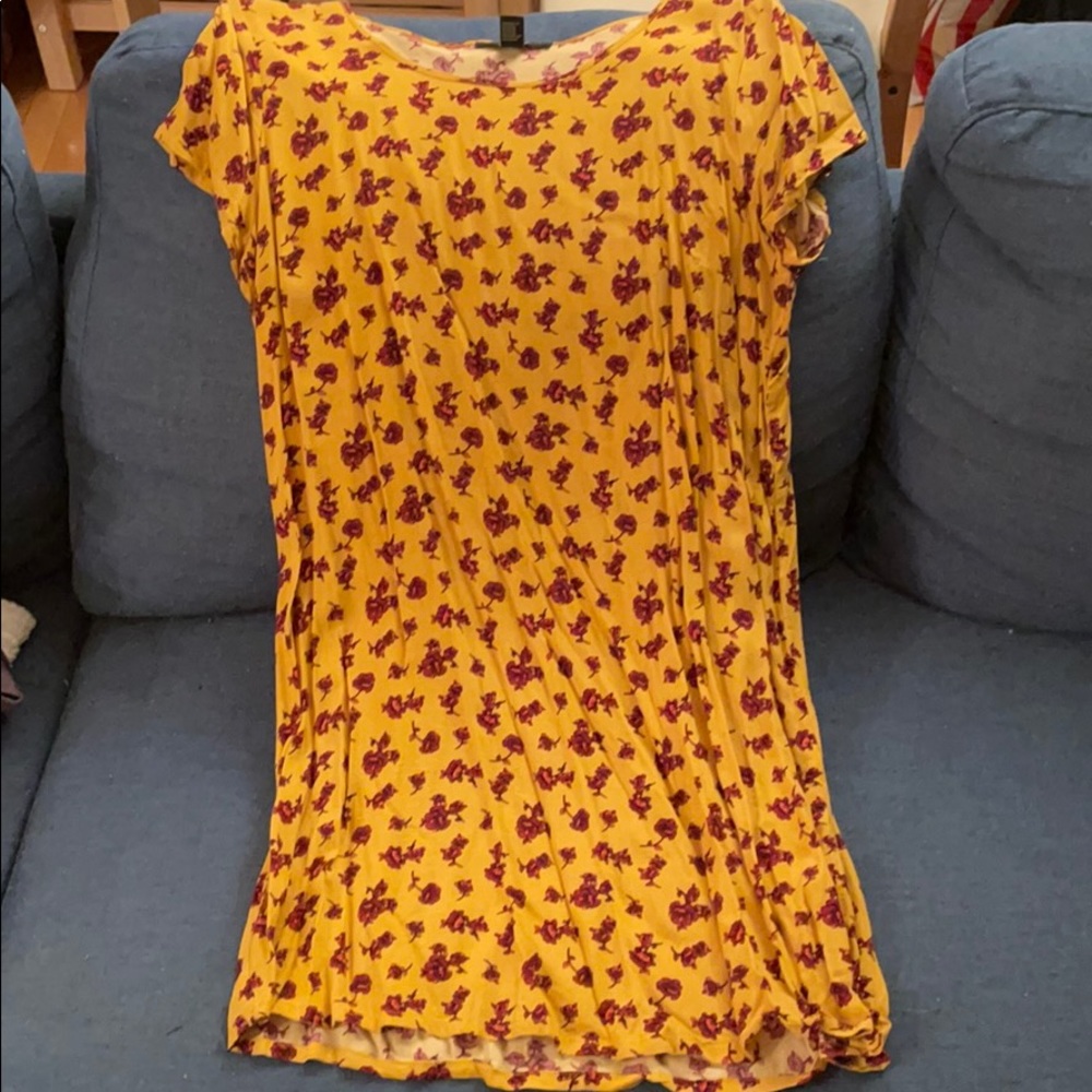 Yellow print t-shirt dress with maroon flowers
